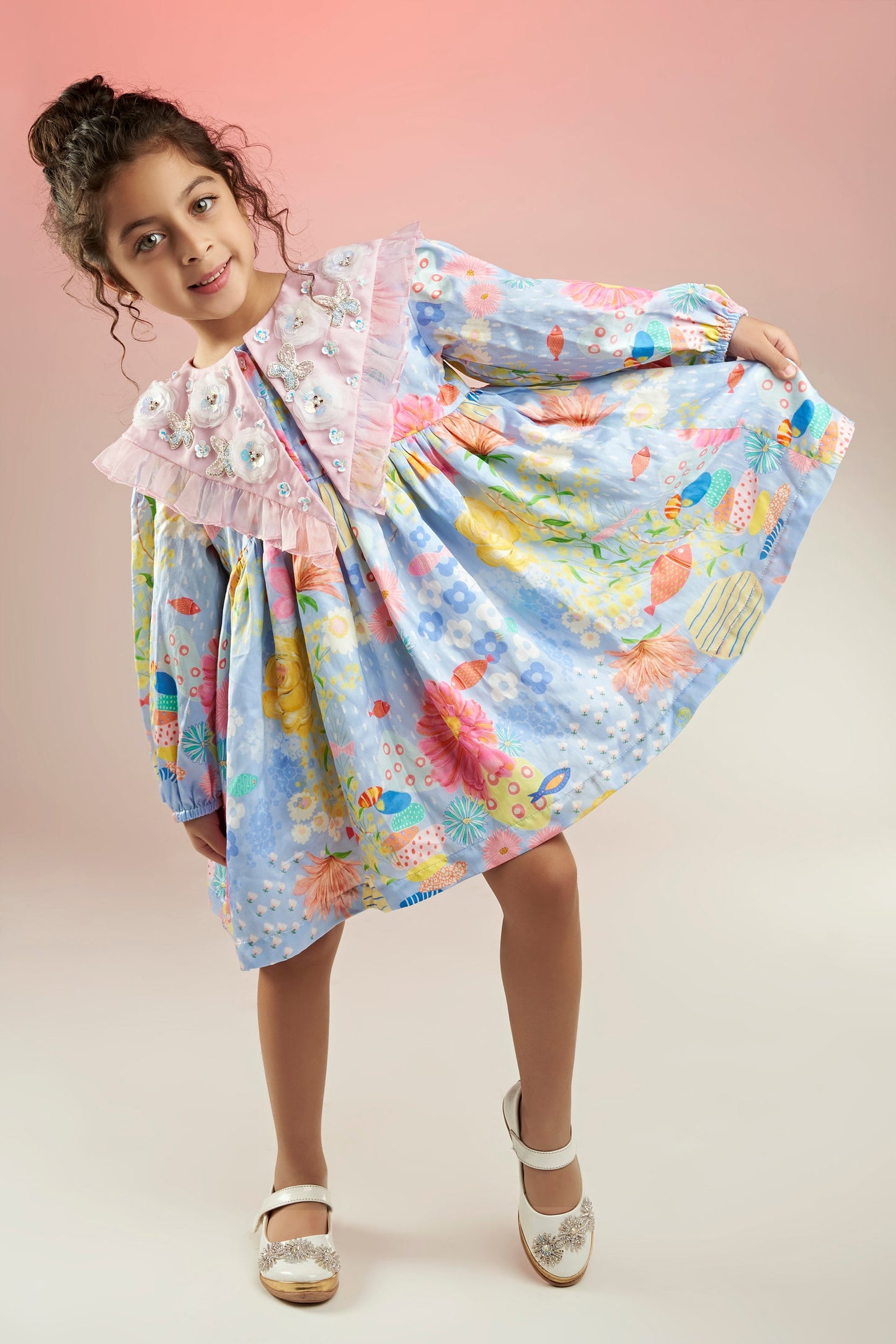 Dandy Bloom Embroidered Printed Babydoll Dress Kids  - Joey & Pooh