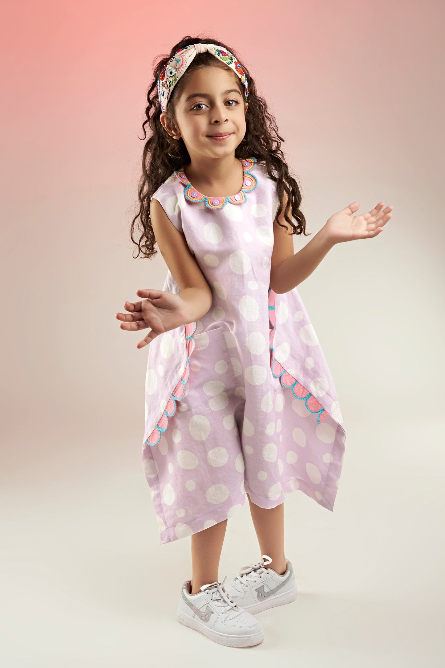 Lavender Polka Printed Linen Dress Kids - Joey & Pooh