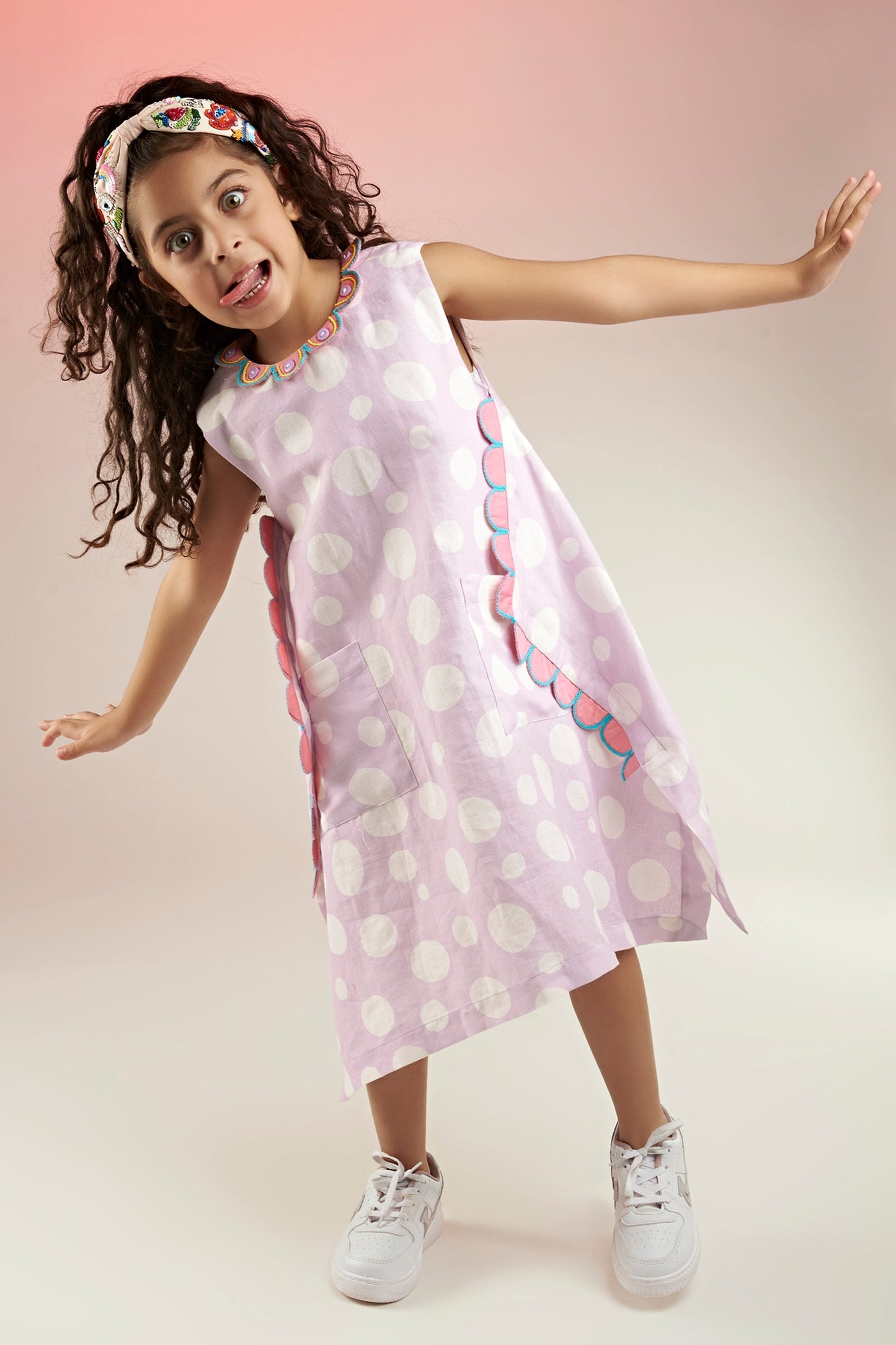 Lavender Polka Printed Linen Dress Kids - Joey & Pooh