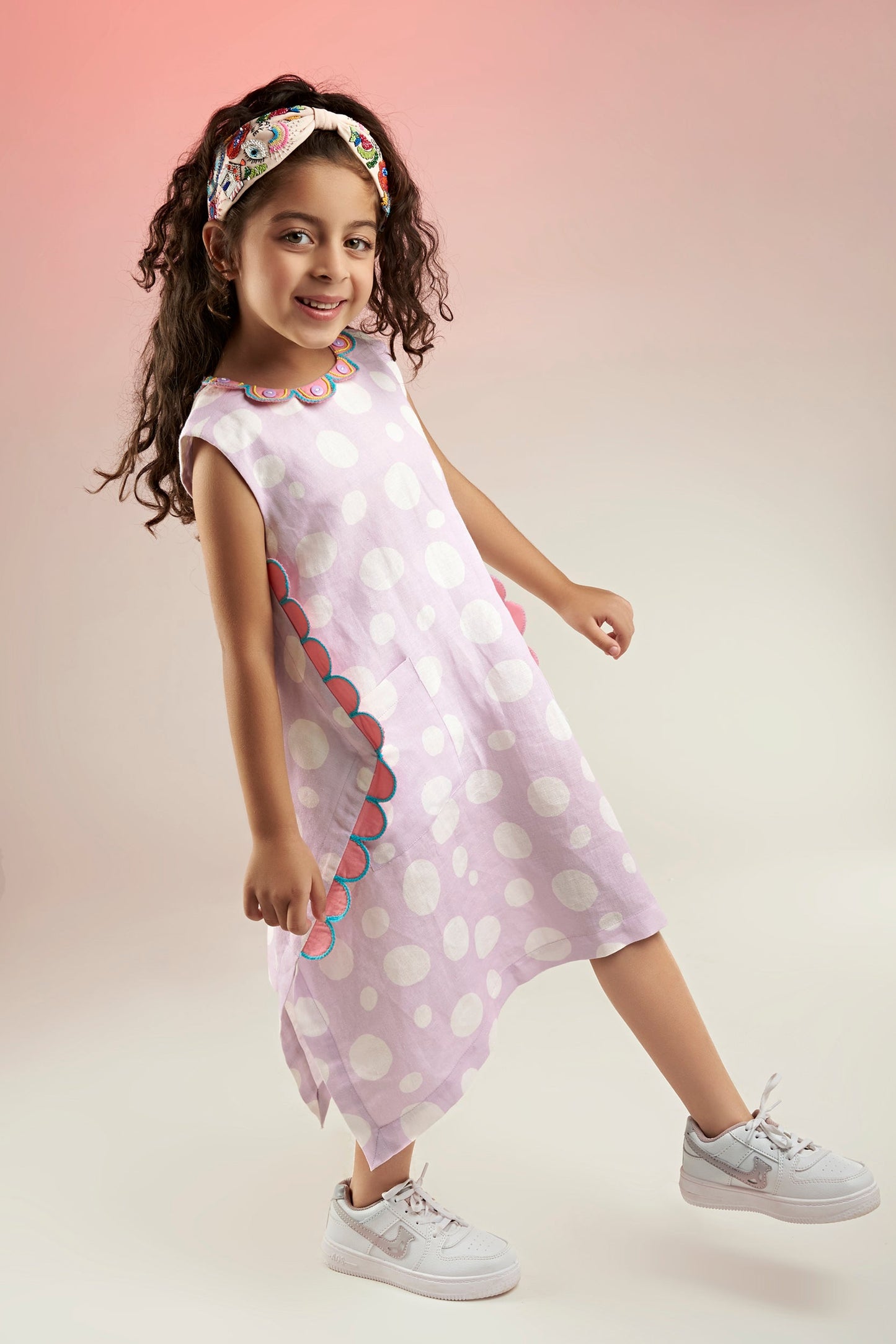 Lavender Polka Printed Linen Dress Kids - Joey & Pooh