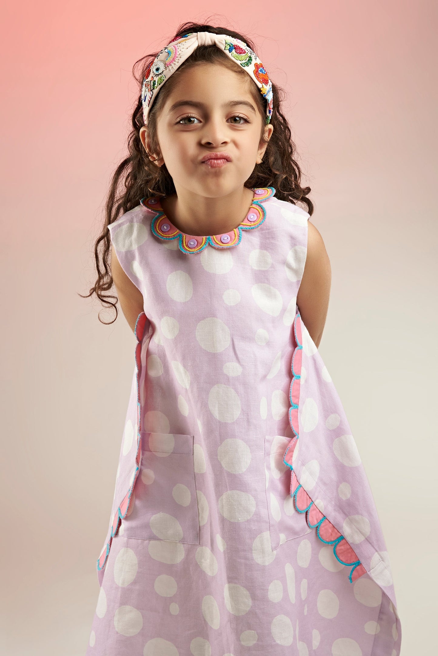 Lavender Polka Printed Linen Dress Kids - Joey & Pooh