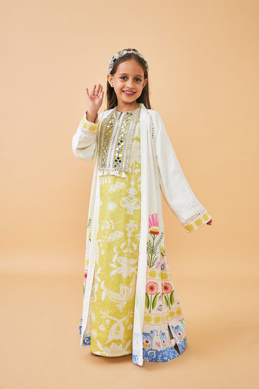 Poppy Yellow Girls Long Dress with Dala Coat( set of 2 pcs)