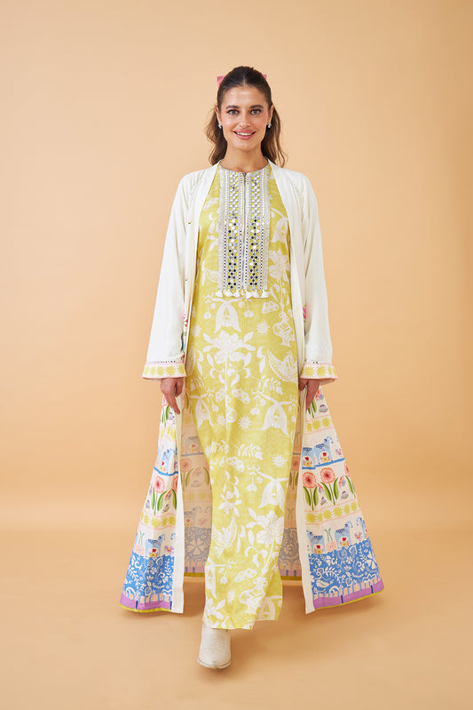Poppy Yellow Ladies Long Dress with Dala Coat ( Set of 2 pcs)