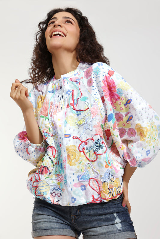 Flutter Bloom Embroidered Printed Linen Jacket (Joey & Pooh)