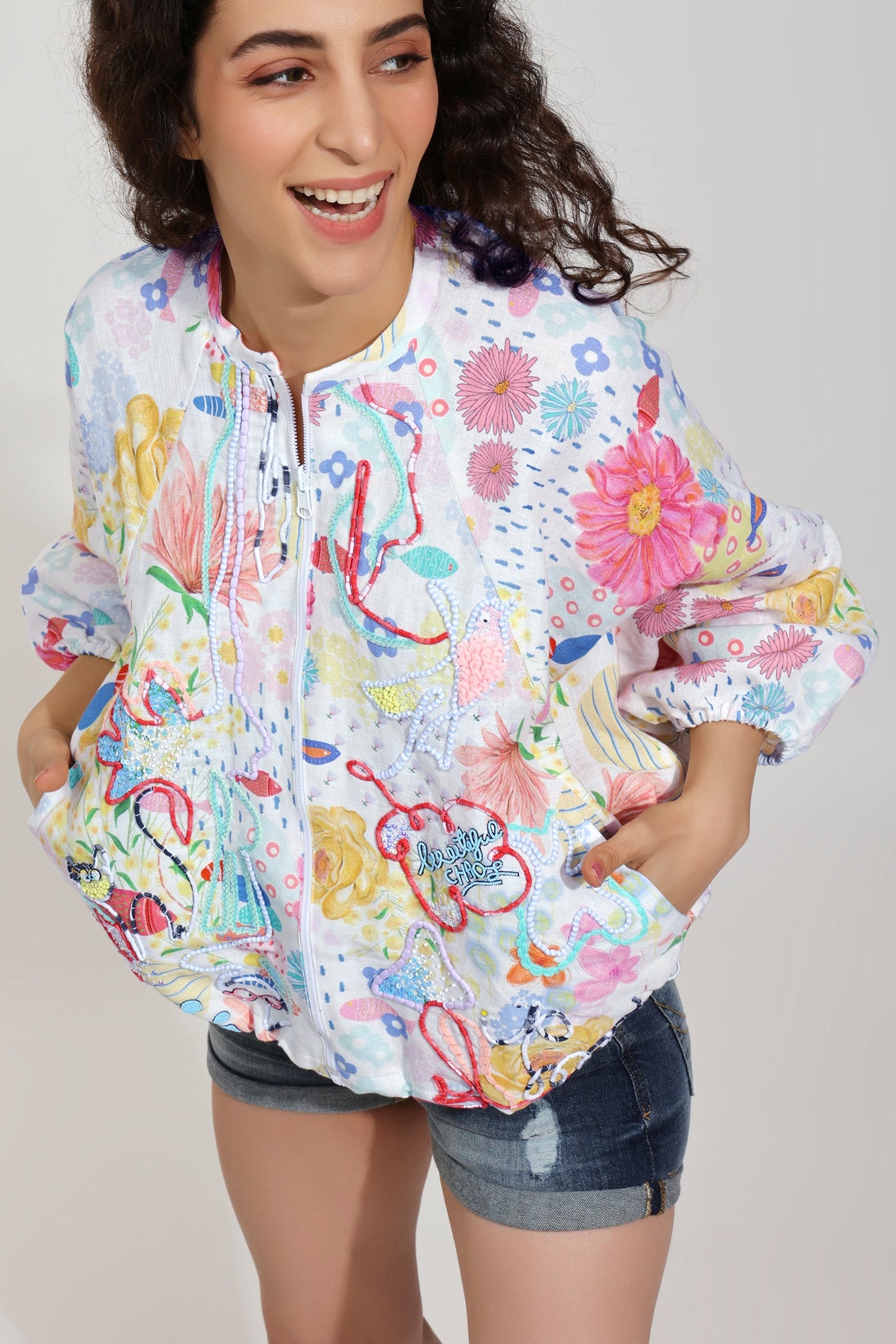 Flutter Bloom Embroidered Printed Linen Jacket (Joey & Pooh)