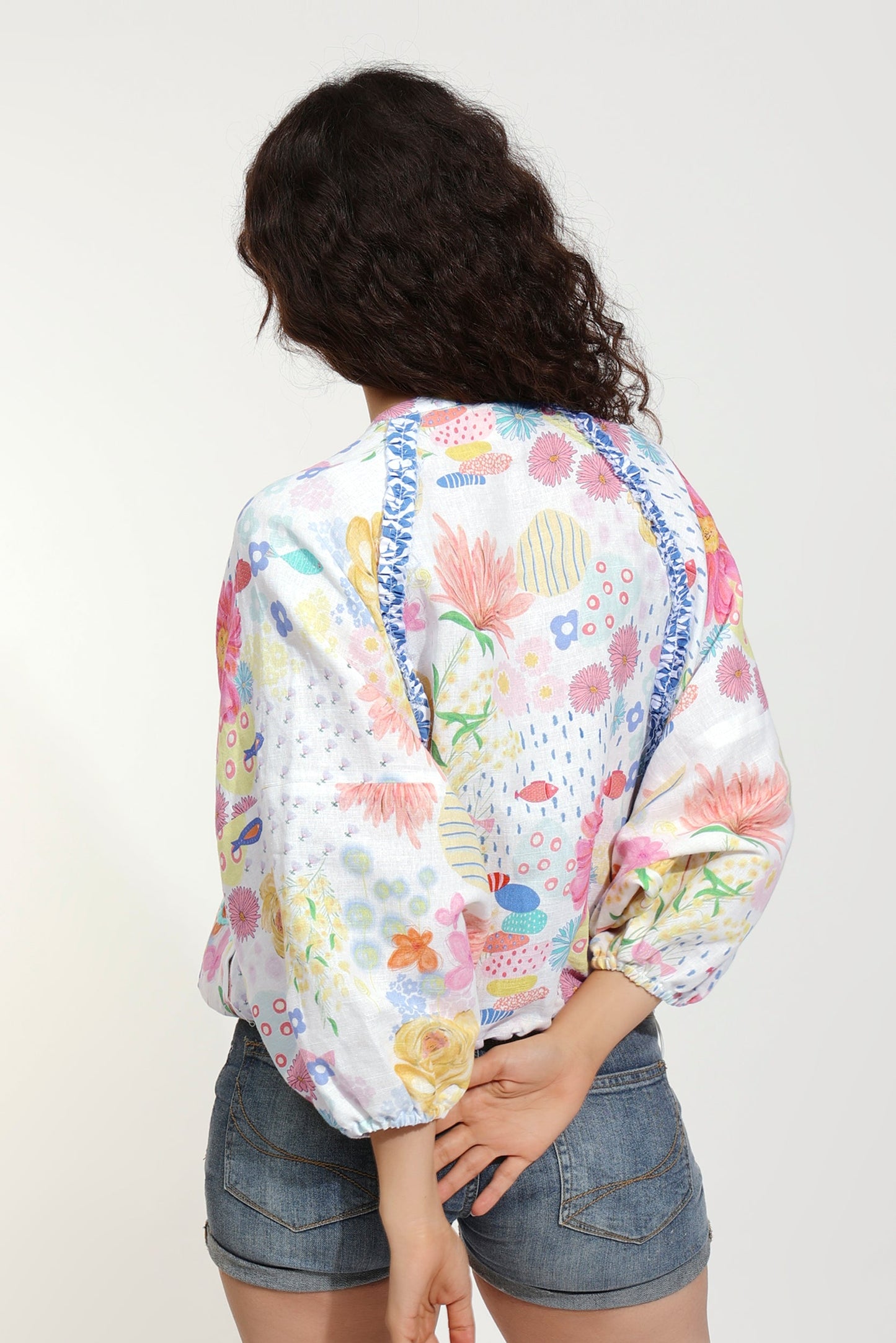 Flutter Bloom Embroidered Printed Linen Jacket (Joey & Pooh)