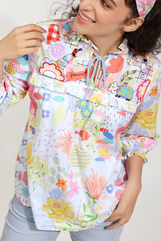 Flutter Bloom Embroidered Printed Blouse