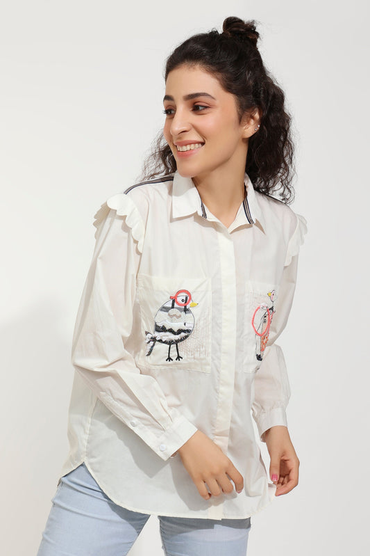 Lil Birdie Embellished Ivory Shirt (Joey & Pooh)