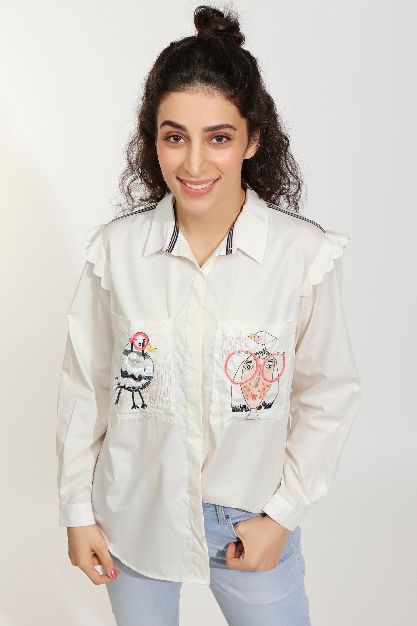 Lil Birdie Embellished Ivory Shirt (Joey & Pooh)