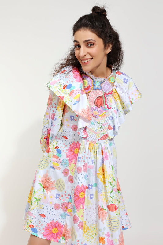 Flutter Bloom Embroidered Printed Dress (Joey & Pooh)