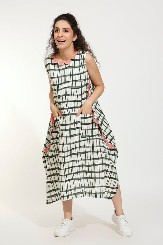 Bongo Check Scallop Embellished Linen Dress