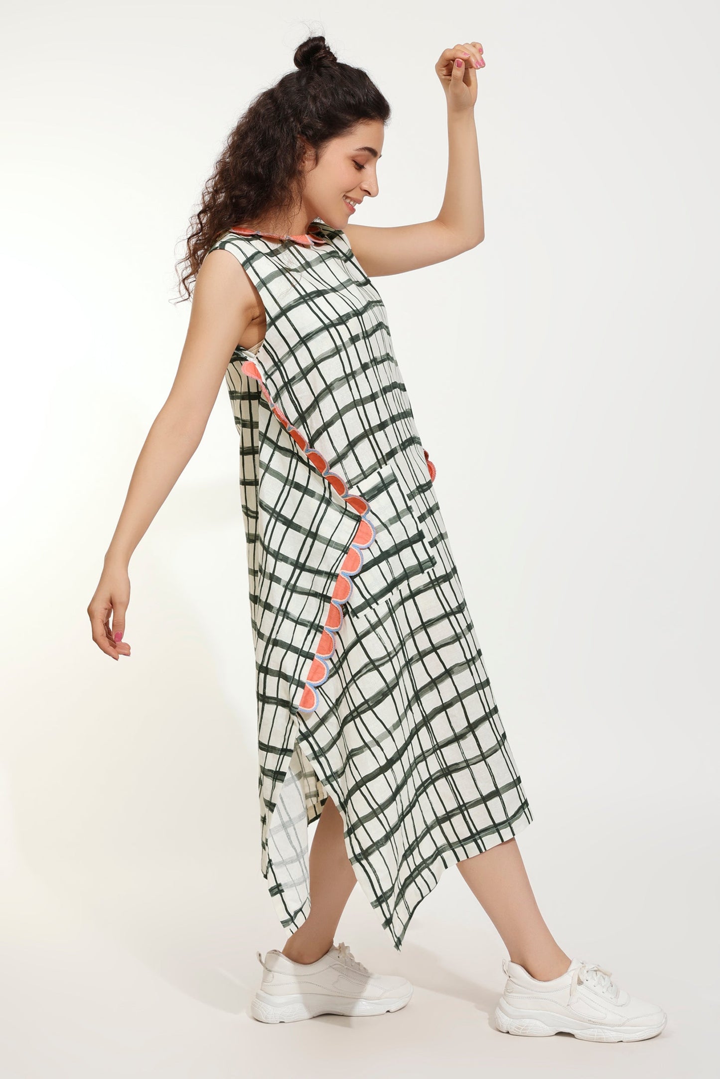 Bongo Check Scallop Embellished Linen Dress