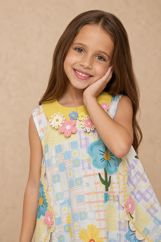 Tulip Check Girls embrooidered Collar Dress